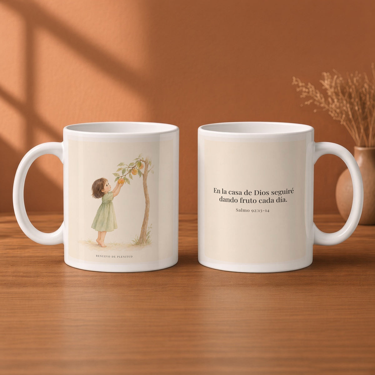 Aun en la vejez daré fruto | Taza con arte cristiano | Salmo 92:13-14 — 11oz · Desayuno terracota, arte y frase devocional en dos tazas