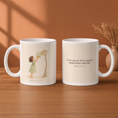 Aun en la vejez daré fruto | Taza con arte cristiano | Salmo 92:13-14 — 11oz · Desayuno terracota, arte y frase devocional en dos tazas