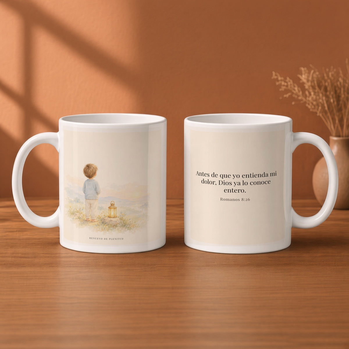 Dios conoce mi corazón mejor que yo mismo | Taza cristiana con frase devocional | Romanos 8:26 — 11oz · Desayuno terracota, arte y frase devocional en dos tazas