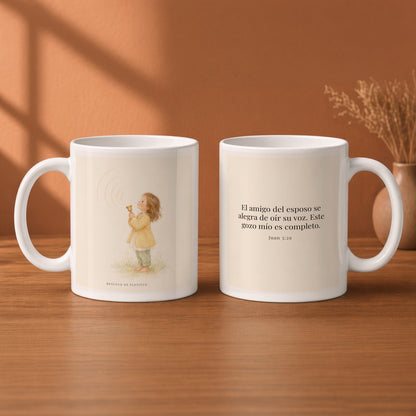 El amigo del esposo se alegra | Taza bíblica de cerámica | Juan 3:29 — 11oz · Desayuno terracota, arte y frase devocional en dos tazas