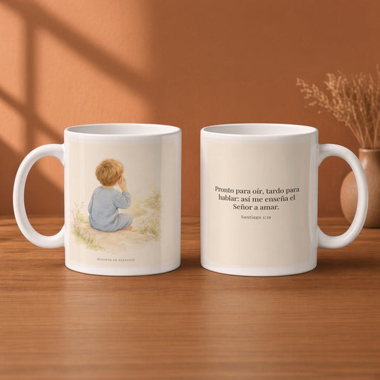 Pronto para oír dice el Señor | Taza cristiana para regalar | Santiago 1:19 — 11oz · Desayuno terracota, arte y frase devocional en dos tazas