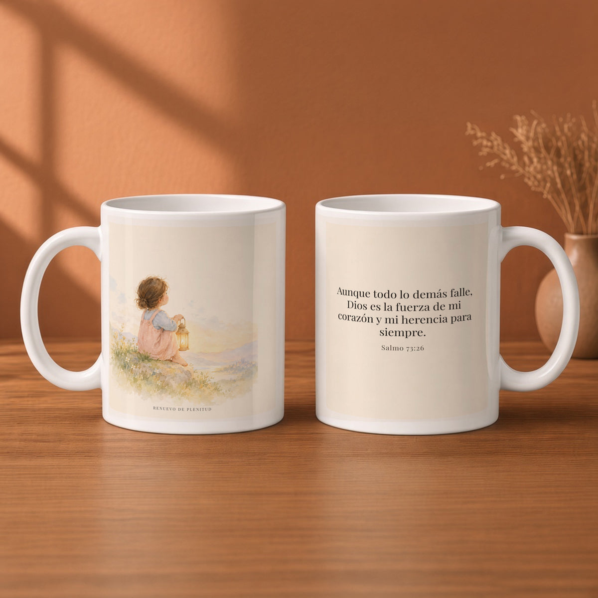 Dios es la fuerza de mi corazón | Taza cristiana con frase devocional | Salmo 73:26 — 11oz · Desayuno terracota, arte y frase devocional en dos tazas