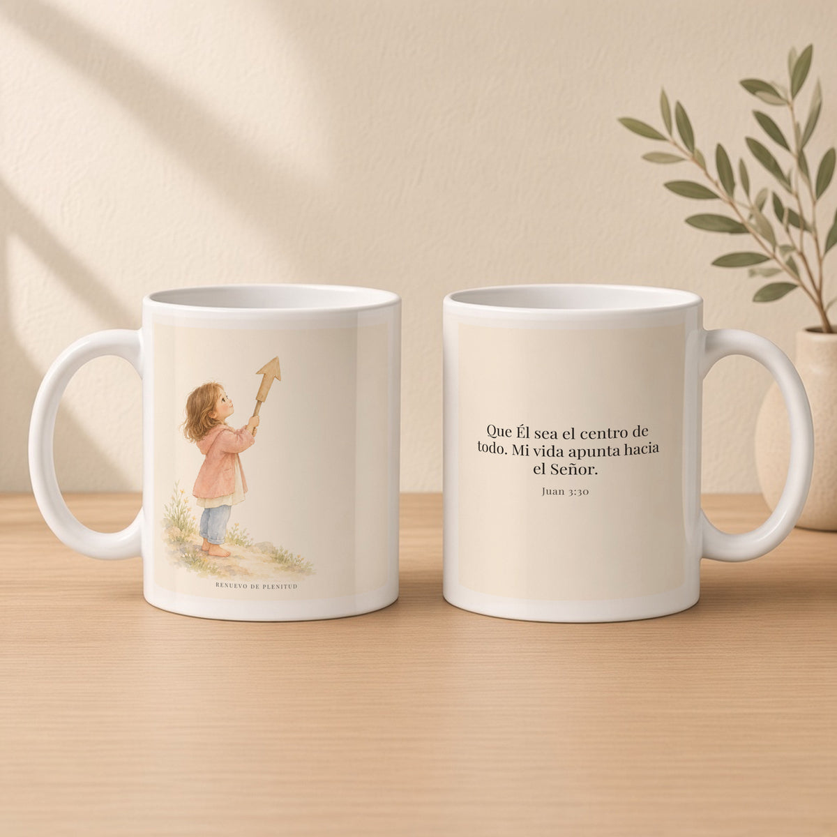 Que Él sea el centro de todo | Taza cristiana en dos tamaños | Juan 3:30 — 11oz · Estudio crema cálido, arte y frase devocional en dos tazas