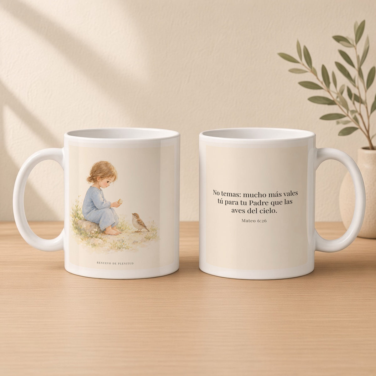 Mucho más valéis vosotros que las aves | Taza cristiana para regalar | Mateo 6:26 — 11oz · Estudio crema cálido, arte y frase devocional en dos tazas