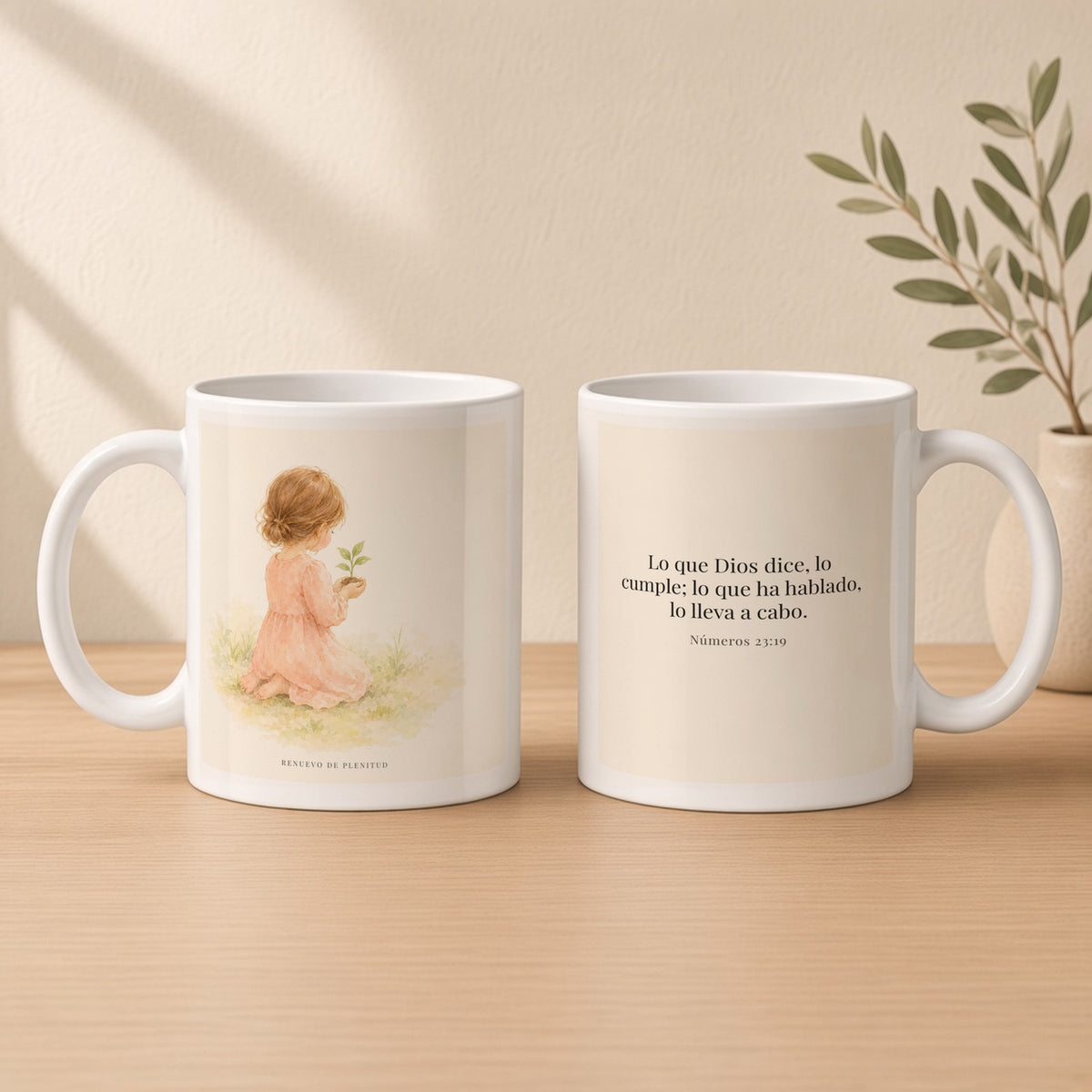 Lo que Dios dice, lo hace | Taza bíblica de cerámica | Números 23:19 — 11oz · Estudio crema cálido, arte y frase devocional en dos tazas