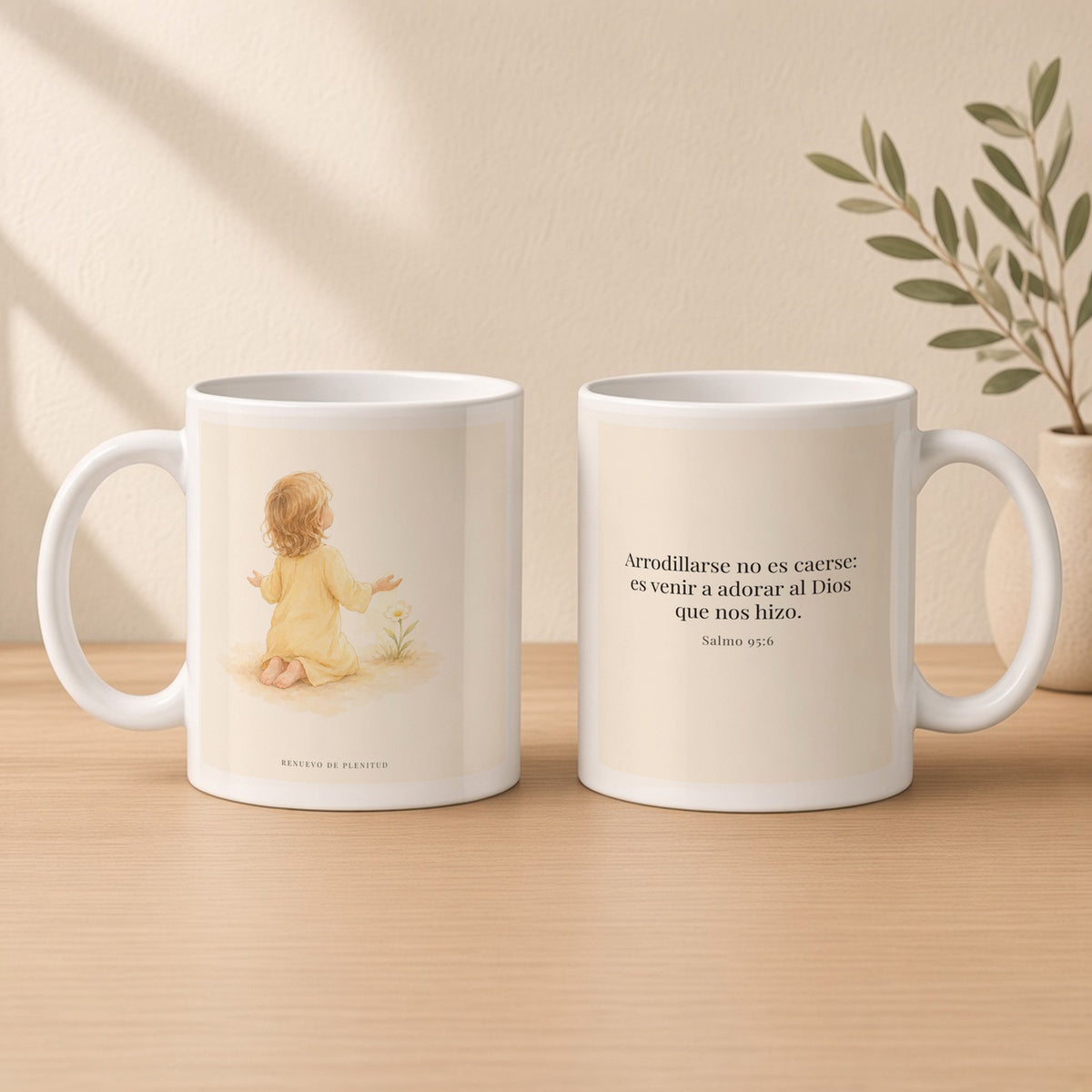 Venid, adoremos y postrémonos | Taza de inspiración bíblica | Salmo 95:6 — 11oz · Estudio crema cálido, arte y frase devocional en dos tazas