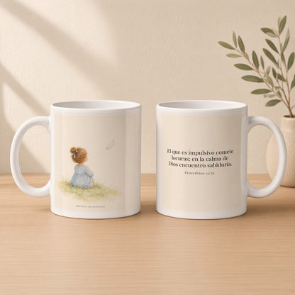 La prisa del corazón no agrada a Dios | Taza cristiana con frase devocional | Proverbios 14:29 — 11oz · Estudio crema cálido, arte y frase devocional en dos tazas