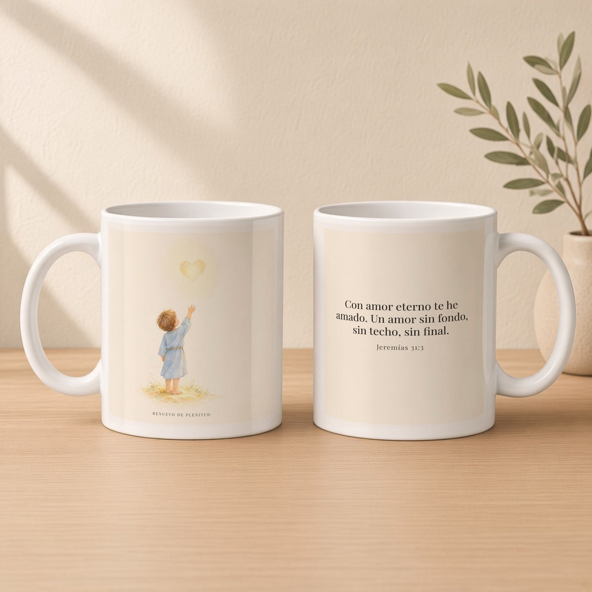 Con amor eterno te he amado | Taza de inspiración bíblica | Jeremías 31:3 — 11oz · Estudio crema cálido, arte y frase devocional en dos tazas