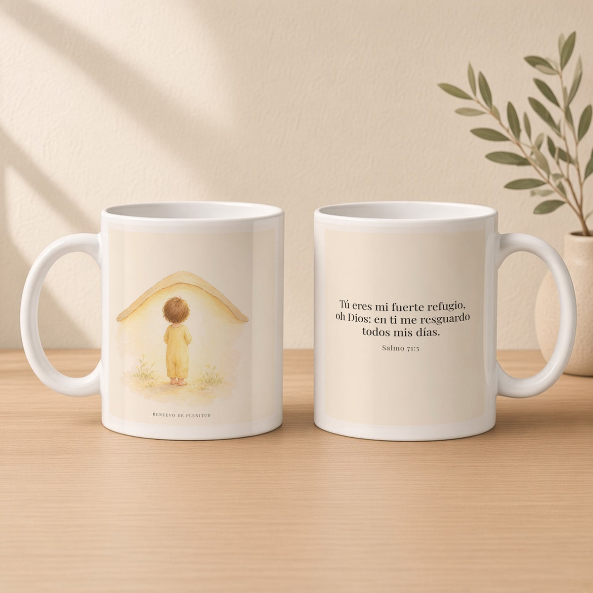 Tú eres mi fuerte refugio, oh Dios | Taza cristiana en dos tamaños | Salmo 71:5 — 11oz · Estudio crema cálido, arte y frase devocional en dos tazas