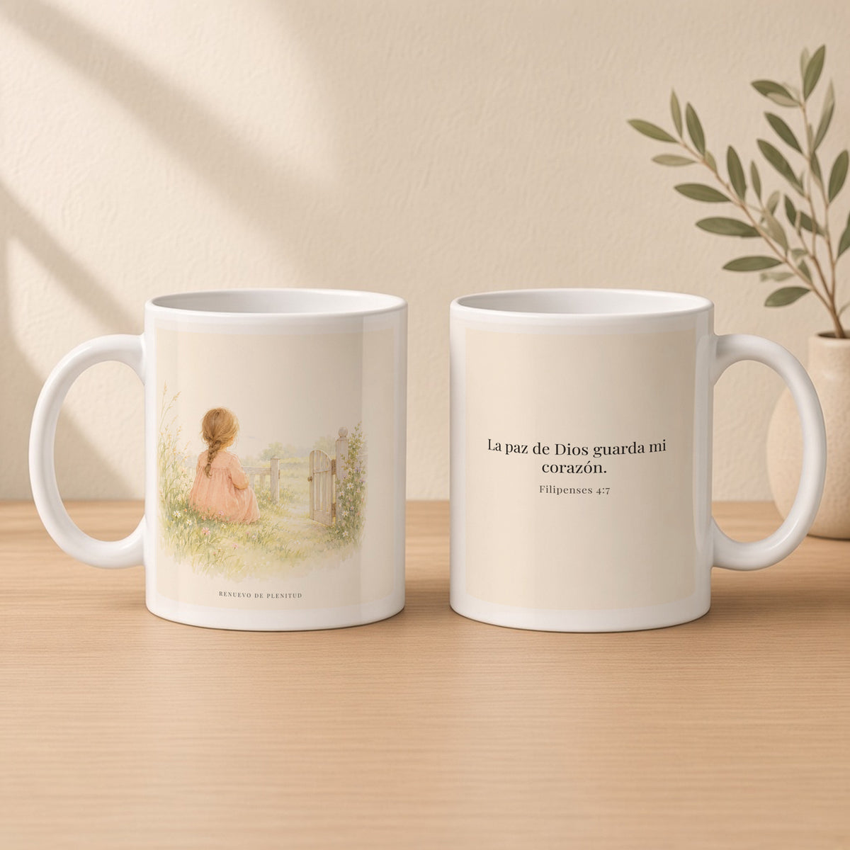 La paz de Dios guardará mi corazón | Taza devocional de fe | Filipenses 4:7 — 11oz · Estudio crema cálido, arte y frase devocional en dos tazas