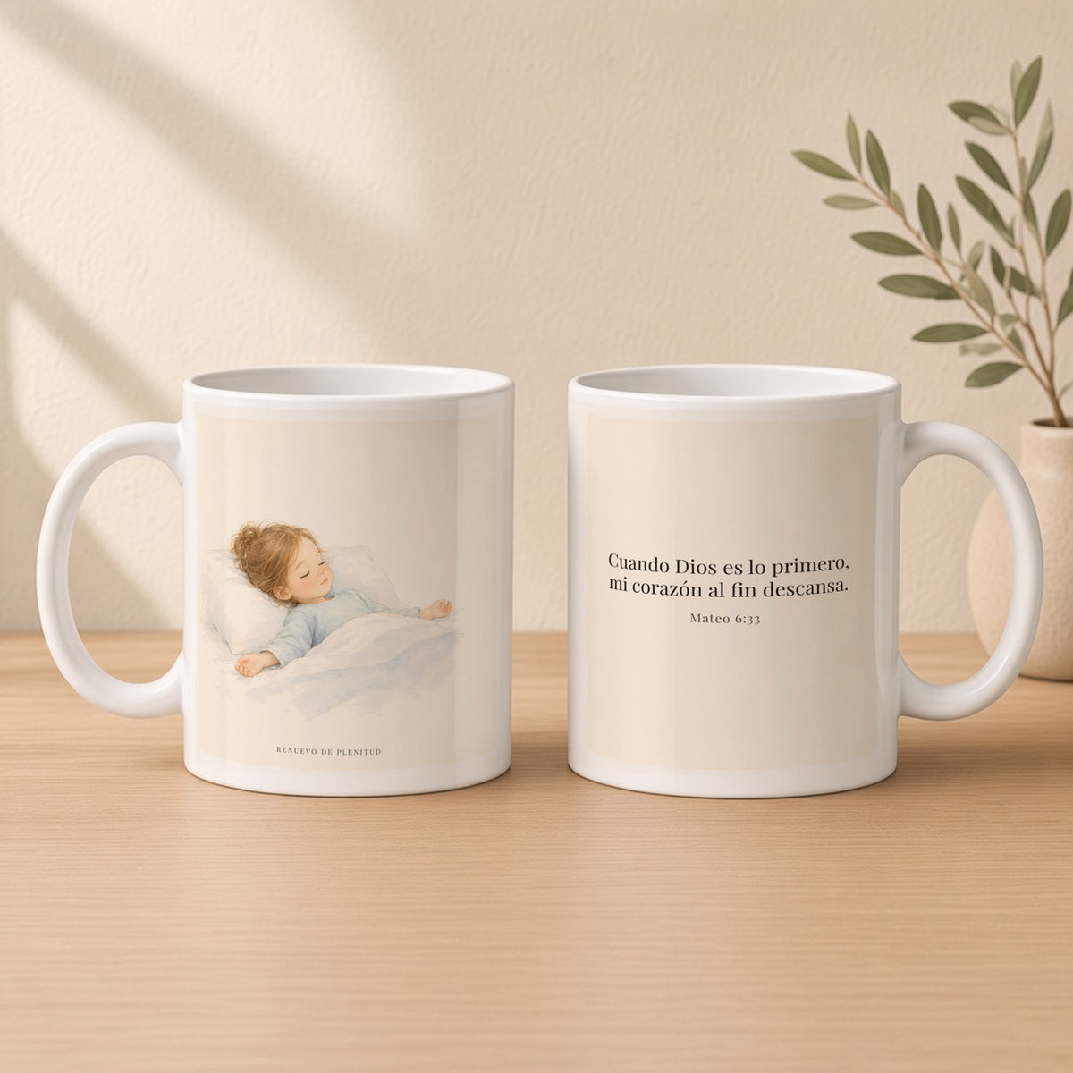 En Dios mi corazón descansa | Taza cristiana para regalar | Mateo 6:33 — 11oz · Estudio crema cálido, arte y frase devocional en dos tazas