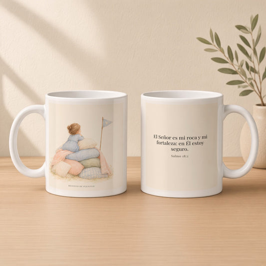 Jehová es mi roca y mi fortaleza | Taza con arte cristiano | Salmo 18:2 — 11oz · Estudio crema cálido, arte y frase devocional en dos tazas