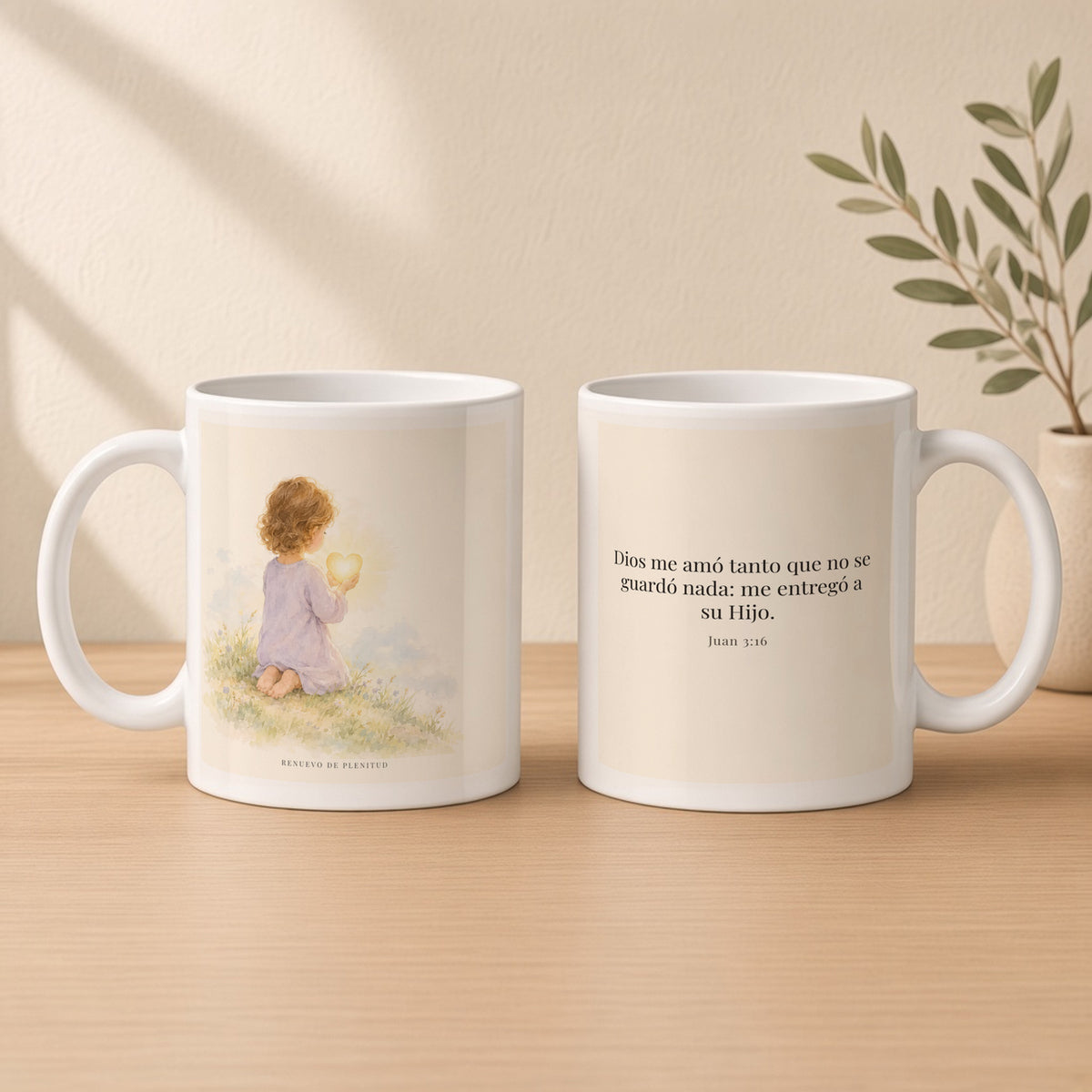 Dios amó tanto al mundo que entregó a su Hijo | Taza cristiana en dos tamaños | Juan 3:16 — 11oz · Estudio crema cálido, arte y frase devocional en dos tazas