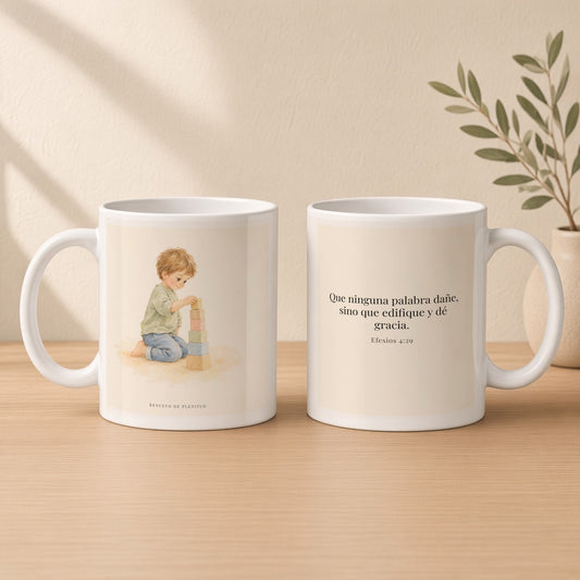 Que mis labios edifiquen | Taza cristiana para regalar | Efesios 4:29 — 11oz · Estudio crema cálido, arte y frase devocional en dos tazas
