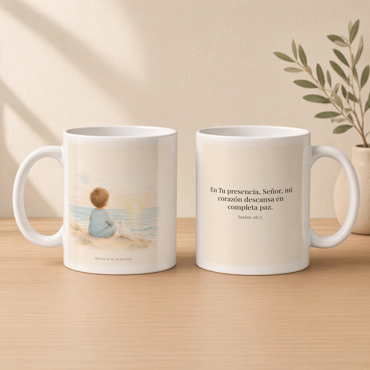 Tú guardarás en completa paz a quien confía en ti | Taza de fe para cada mañana | Isaías 26:3 — 11oz · Estudio crema cálido, arte y frase devocional en dos tazas