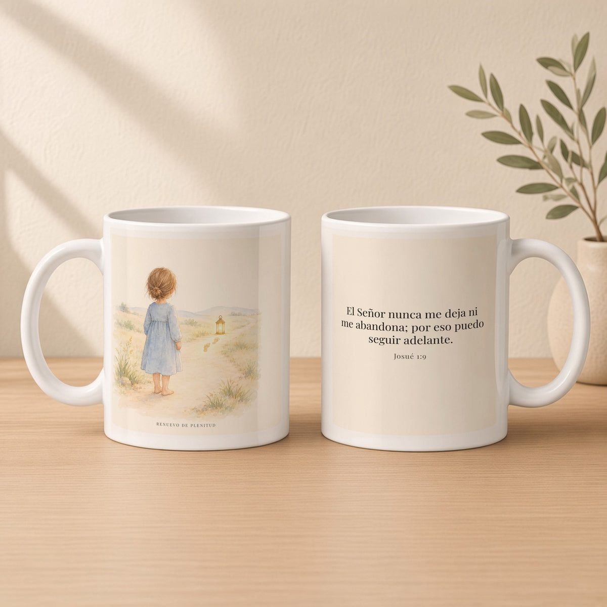 El Señor no me deja ni me abandona | Taza cristiana para regalar | Josué 1:9 — 11oz · Estudio crema cálido, arte y frase devocional en dos tazas