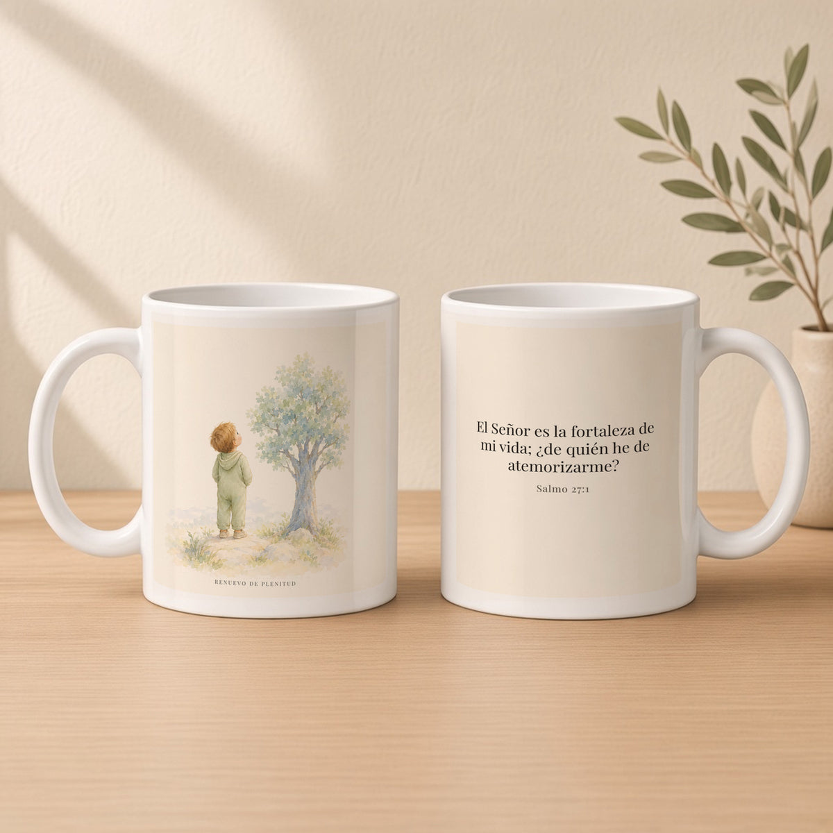 El Señor es la fortaleza de mi vida | Taza bíblica de cerámica | Salmo 27:1 — 11oz · Estudio crema cálido, arte y frase devocional en dos tazas