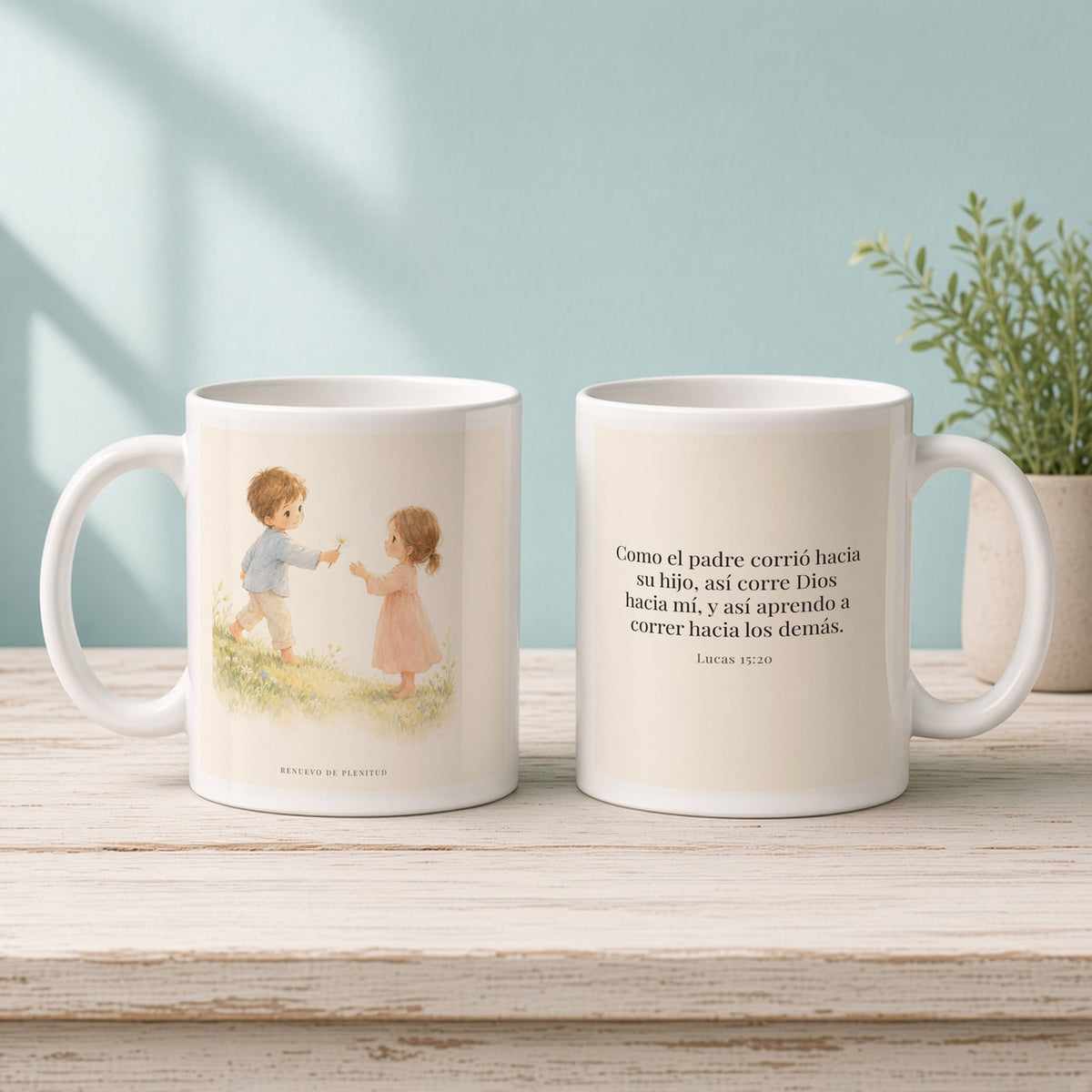 El Padre corre a mi encuentro | Taza con arte cristiano | Lucas 15:20 — 11oz · Mañana aqua, arte y frase devocional en dos tazas