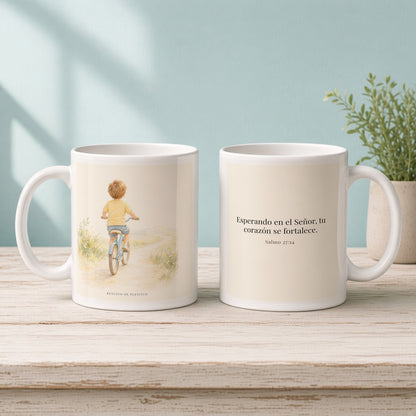 Jehová fortalece tu corazón | Taza bíblica para café | Salmo 27:14 — 11oz · Mañana aqua, arte y frase devocional en dos tazas