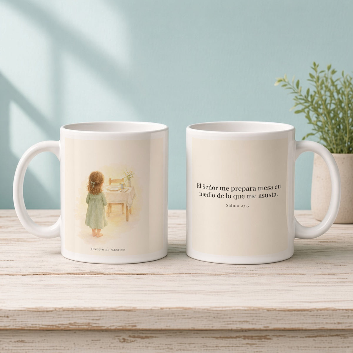 En mesa servida delante de mis angustias | Taza cristiana en dos tamaños | Salmo 23:5 — 11oz · Mañana aqua, arte y frase devocional en dos tazas