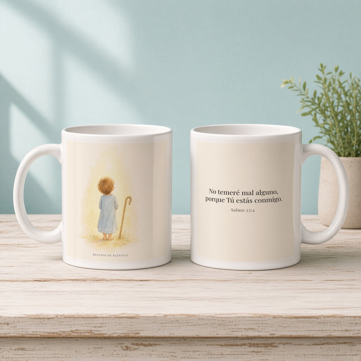 Aunque ande en valle de sombra, Tú estás conmigo | Taza bíblica para café | Salmo 23:4 — 11oz · Mañana aqua, arte y frase devocional en dos tazas