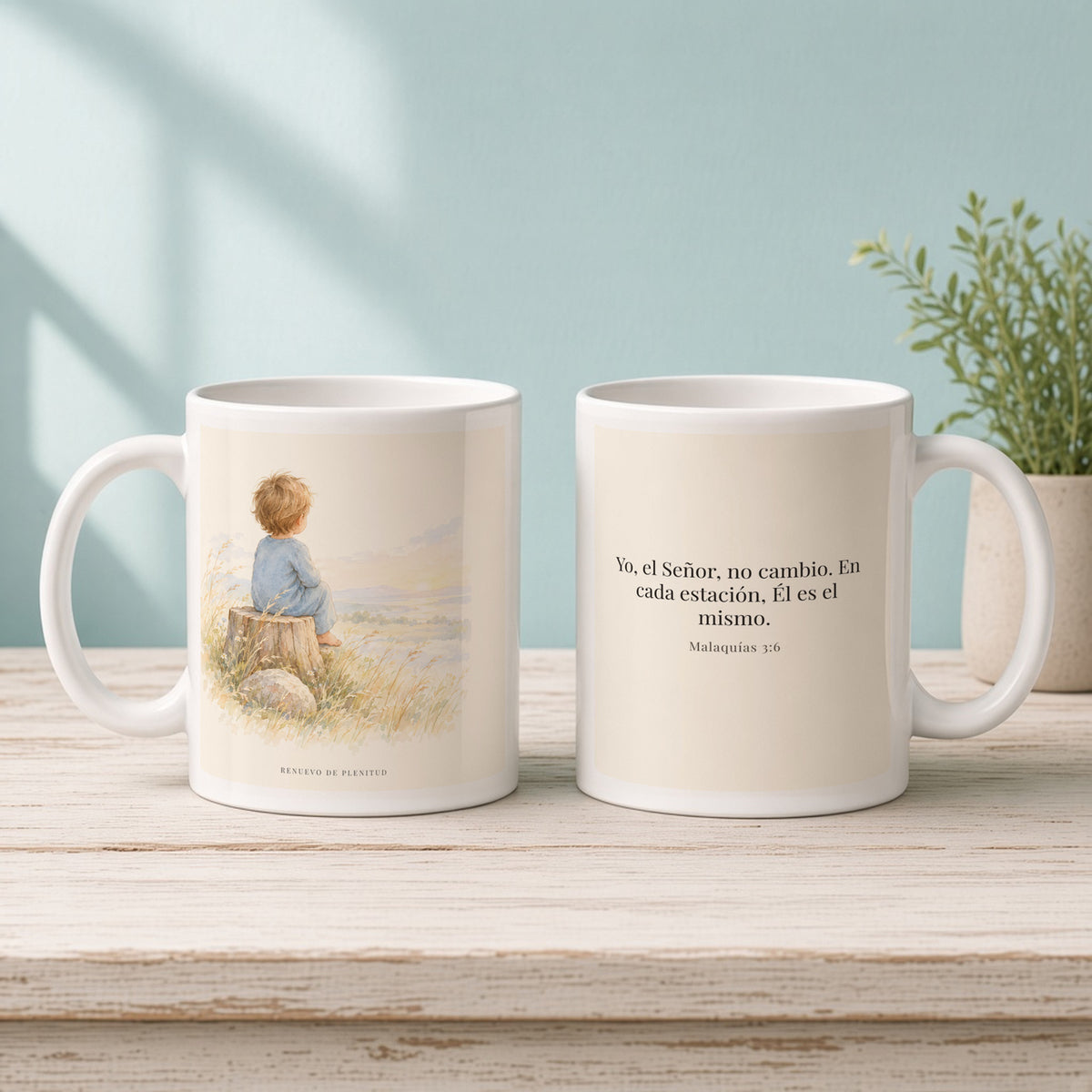 Yo, Jehová, no cambio | Taza devocional de fe | Malaquías 3:6 — 11oz · Mañana aqua, arte y frase devocional en dos tazas