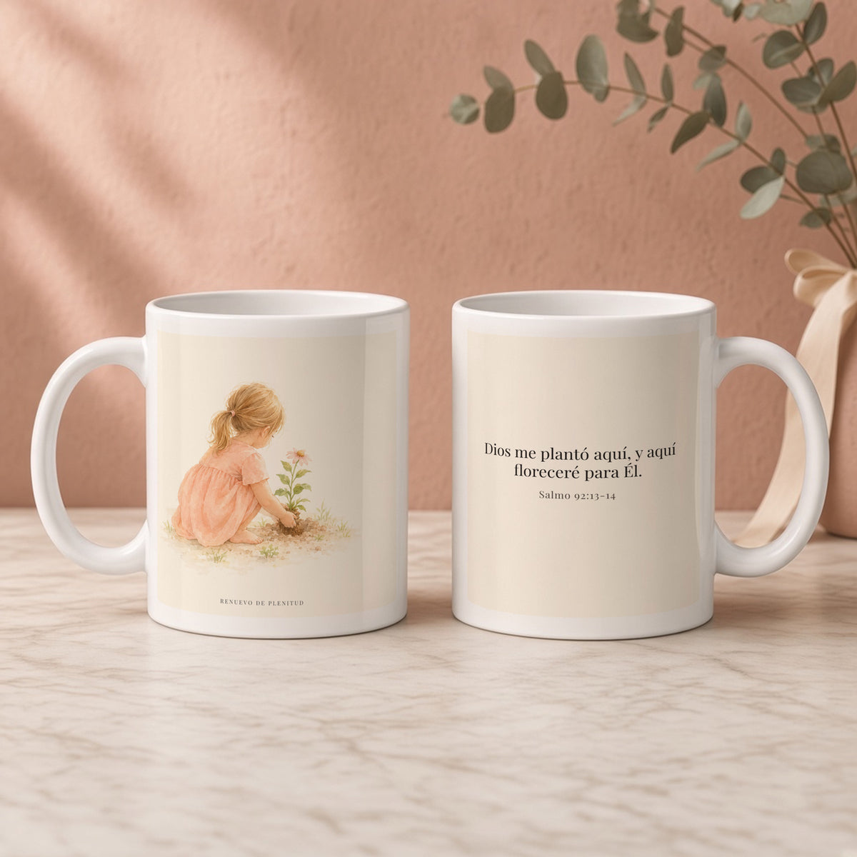 Dios me plantó aquí para florecer | Taza cristiana con frase devocional | Salmo 92:13-14 — 11oz · Regalo rosa empolvado, arte y frase devocional en dos tazas