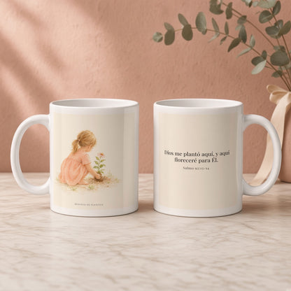 Dios me plantó aquí para florecer | Taza cristiana con frase devocional | Salmo 92:13-14 — 11oz · Regalo rosa empolvado, arte y frase devocional en dos tazas