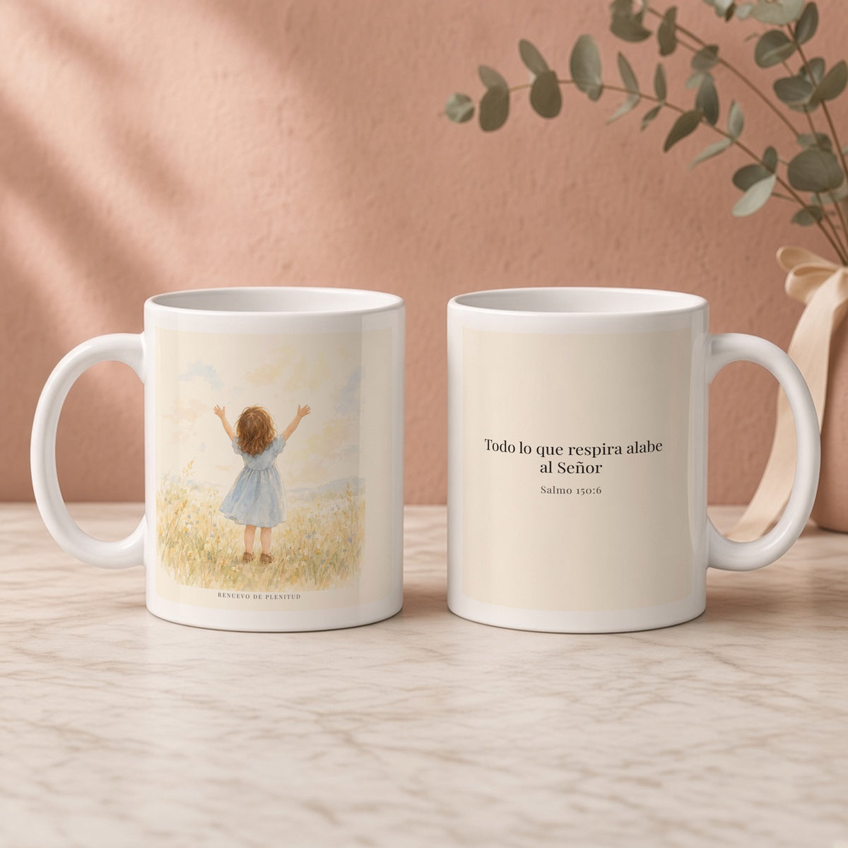Todo lo que respira alabe a Jehová | Taza con arte cristiano | Salmo 150:6 — 11oz · Regalo rosa empolvado, arte y frase devocional en dos tazas