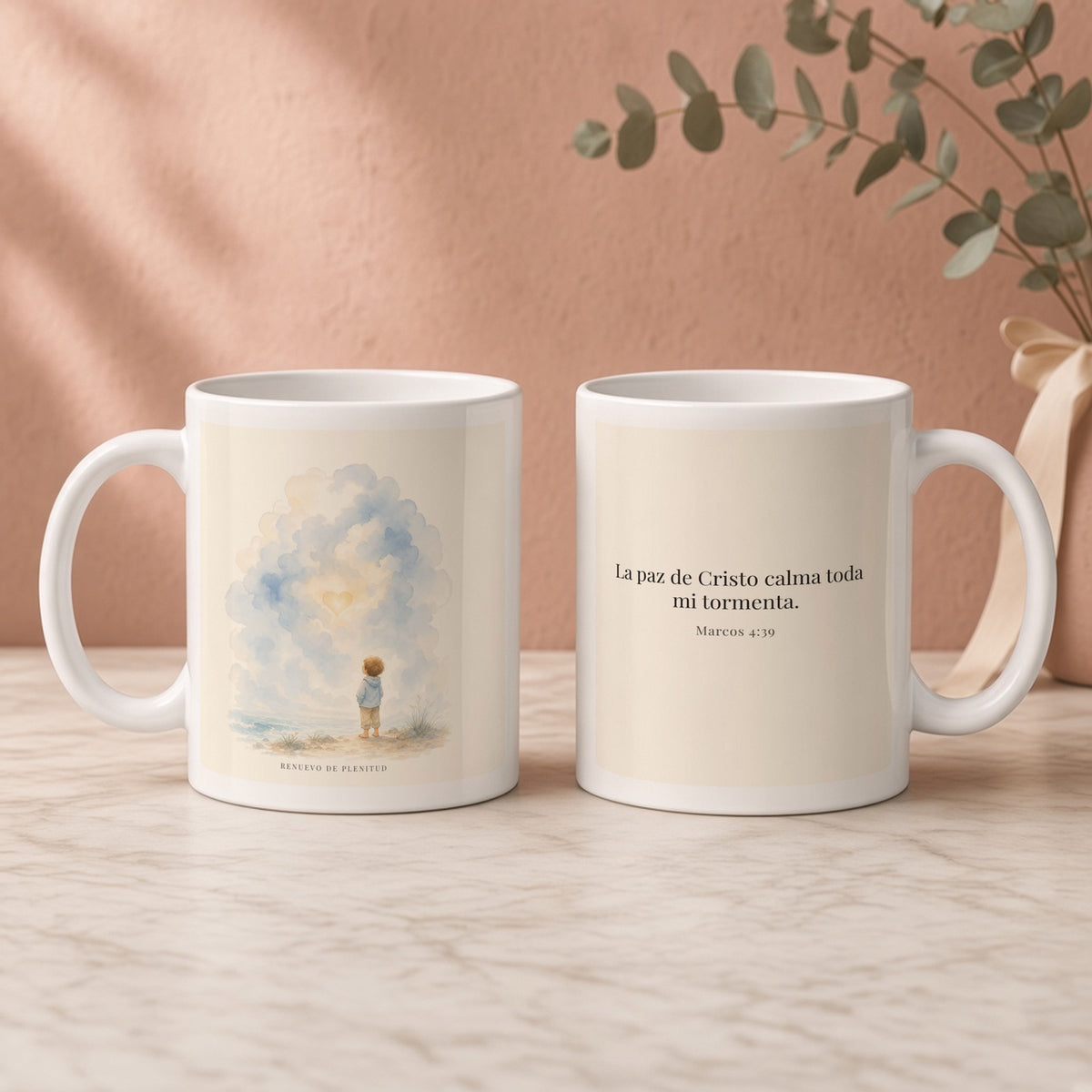 La paz de Cristo calma mi tormenta | Taza con arte cristiano | Marcos 4:39 — 11oz · Regalo rosa empolvado, arte y frase devocional en dos tazas