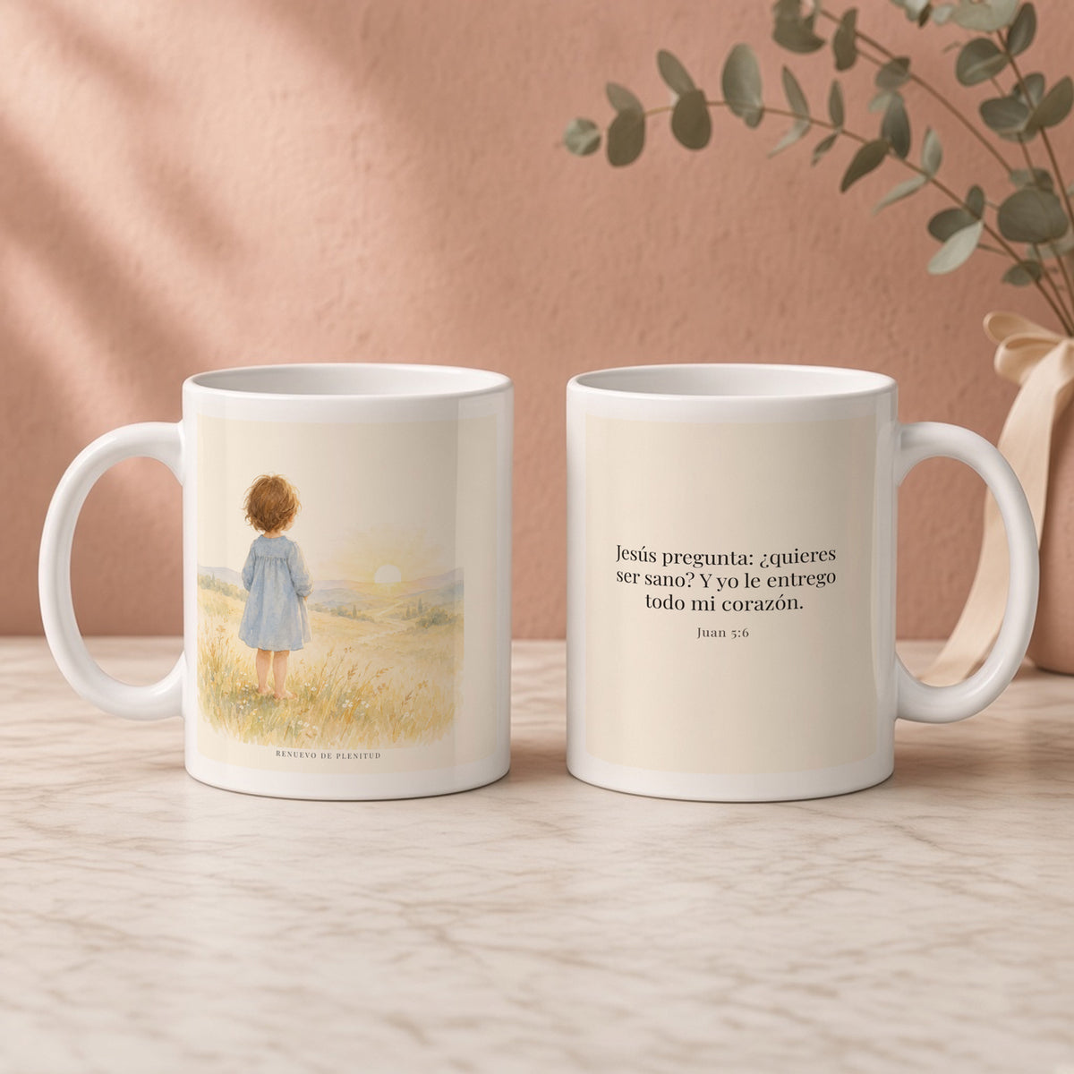 El Señor me pregunta: ¿quieres ser sano? | Taza bíblica de cerámica | Juan 5:6 — 11oz · Regalo rosa empolvado, arte y frase devocional en dos tazas
