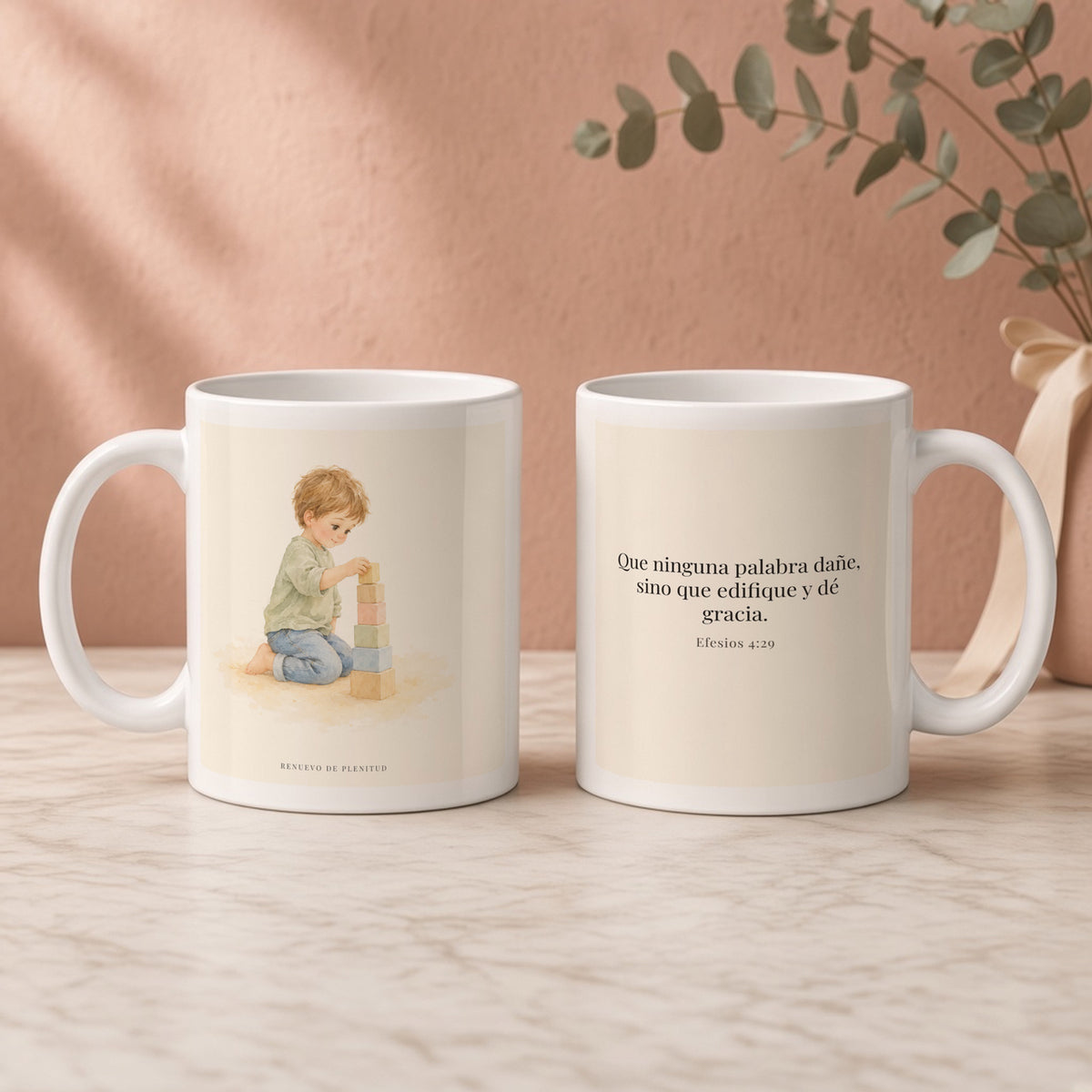 Que mis labios edifiquen | Taza cristiana para regalar | Efesios 4:29 — 11oz · Regalo rosa empolvado, arte y frase devocional en dos tazas