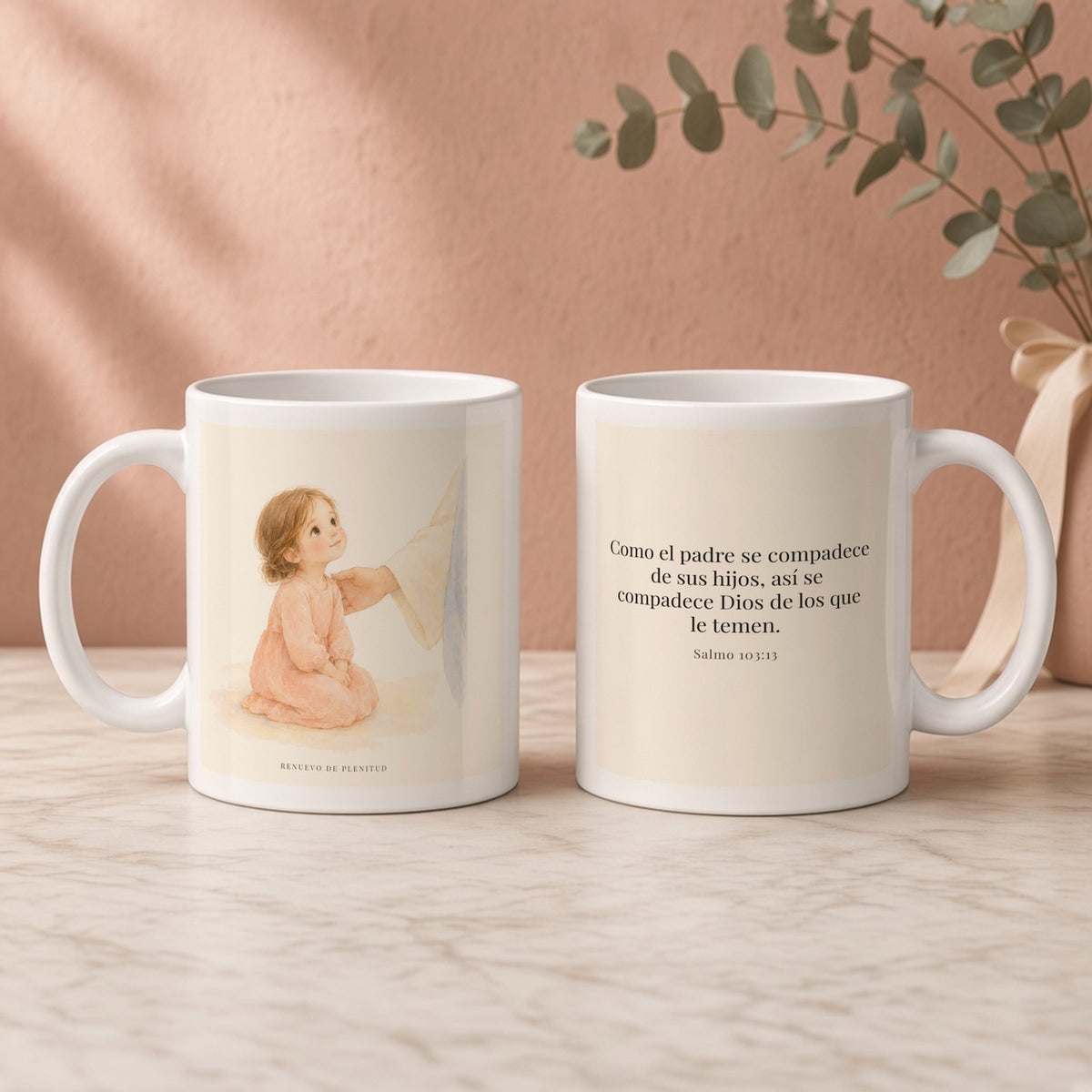 Como el padre se compadece de sus hijos | Taza de fe para cada mañana | Salmo 103:13 — 11oz · Regalo rosa empolvado, arte y frase devocional en dos tazas