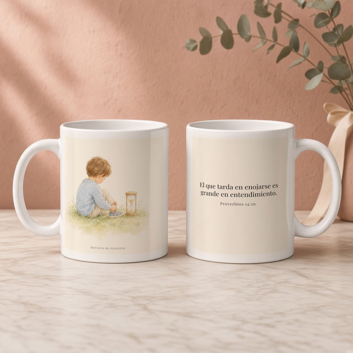 El que es lento para la ira es grande en entendimiento | Taza cristiana en dos tamaños | Proverbios 14:29 — 11oz · Regalo rosa empolvado, arte y frase devocional en dos tazas
