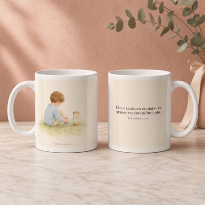 El que es lento para la ira es grande en entendimiento | Taza cristiana en dos tamaños | Proverbios 14:29 — 11oz · Regalo rosa empolvado, arte y frase devocional en dos tazas