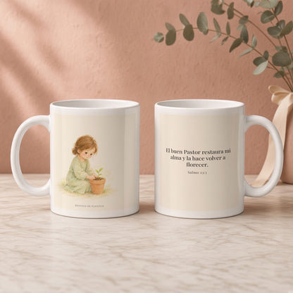 El buen Pastor restaura mi alma | Taza devocional de fe | Salmo 23:3 — 11oz · Regalo rosa empolvado, arte y frase devocional en dos tazas