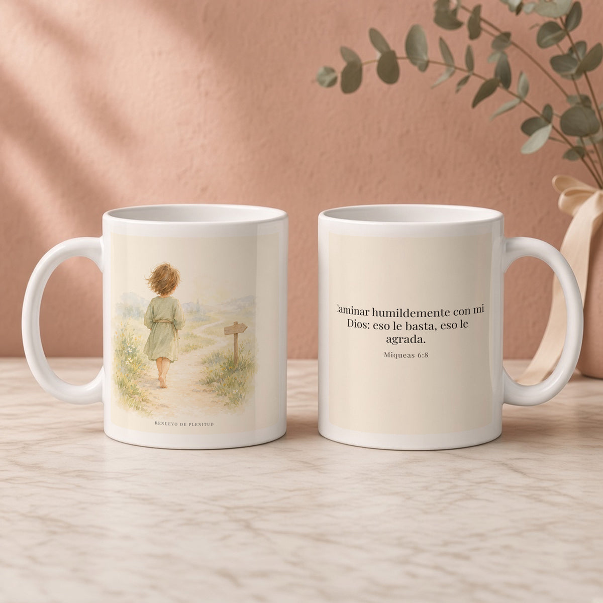 Caminar con Dios es suficiente | Taza de inspiración bíblica | Miqueas 6:8 — 11oz · Regalo rosa empolvado, arte y frase devocional en dos tazas