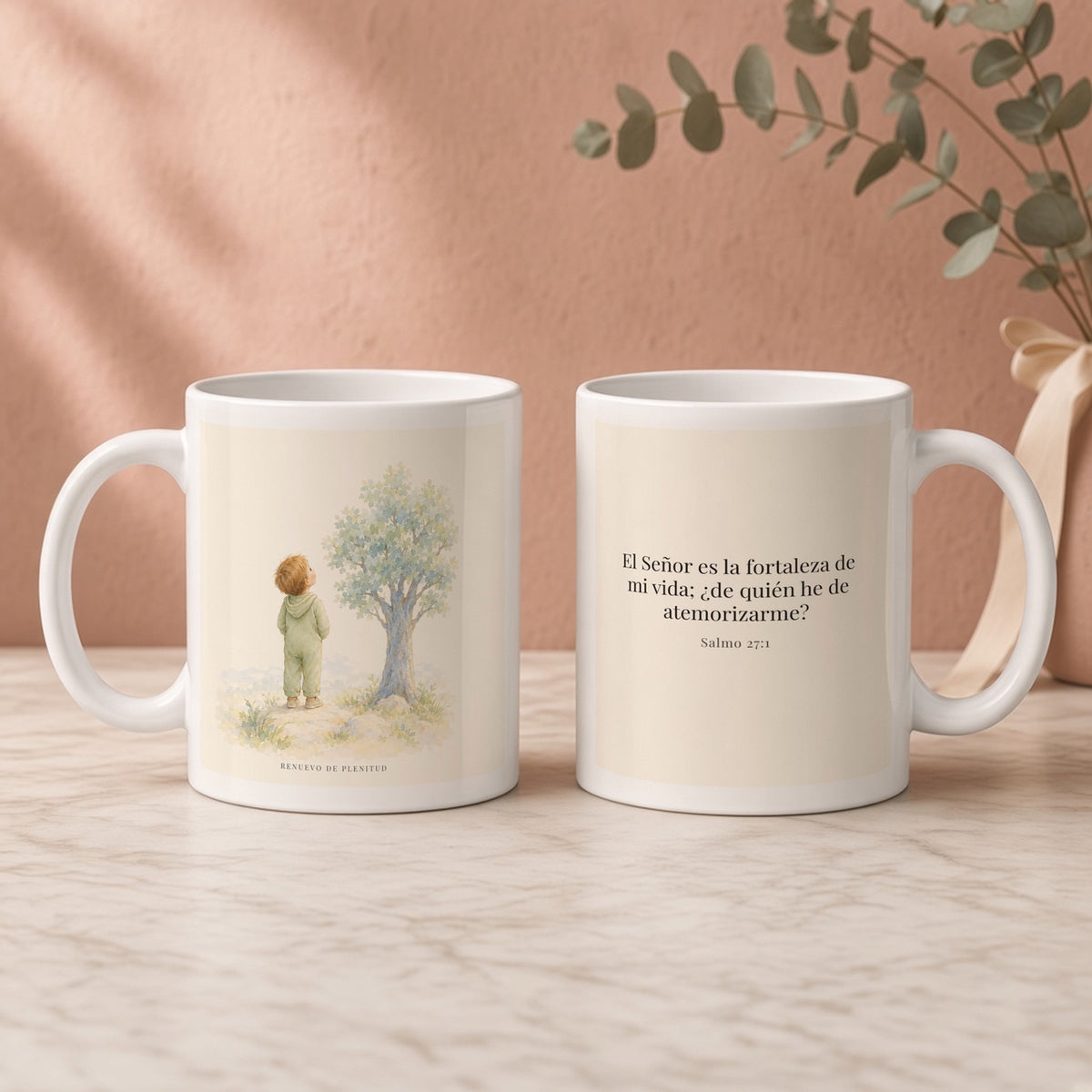 El Señor es la fortaleza de mi vida | Taza bíblica de cerámica | Salmo 27:1 — 11oz · Regalo rosa empolvado, arte y frase devocional en dos tazas