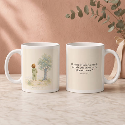 El Señor es la fortaleza de mi vida | Taza bíblica de cerámica | Salmo 27:1 — 11oz · Regalo rosa empolvado, arte y frase devocional en dos tazas