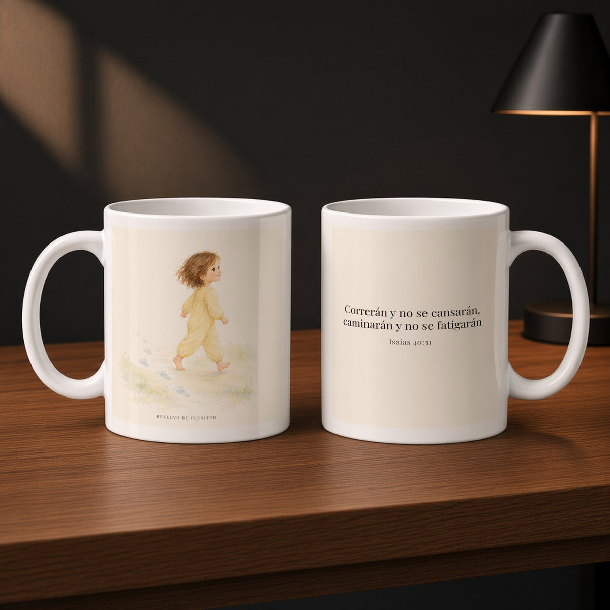 Correrán y no se cansarán | Taza devocional de fe | Isaías 40:31 — 11oz · Estudio carbón, arte y frase devocional en dos tazas