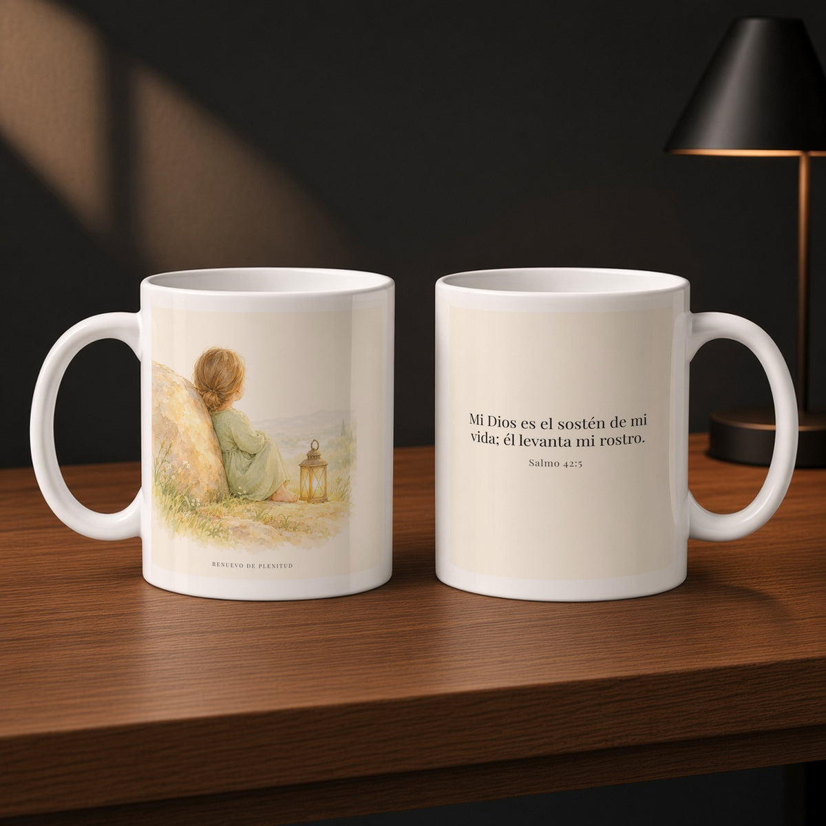 Dios es el sostén de mi vida | Taza de fe para cada mañana | Salmo 42:5 — 11oz · Estudio carbón, arte y frase devocional en dos tazas