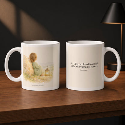 Dios es el sostén de mi vida | Taza de fe para cada mañana | Salmo 42:5 — 11oz · Estudio carbón, arte y frase devocional en dos tazas