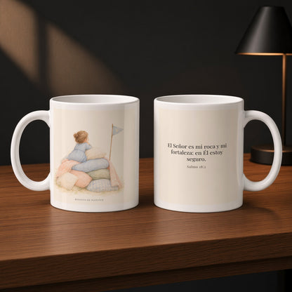 Jehová es mi roca y mi fortaleza | Taza con arte cristiano | Salmo 18:2 — 11oz · Estudio carbón, arte y frase devocional en dos tazas