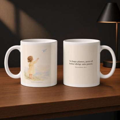Jehová dirige mis pasos | Taza cristiana con frase devocional | Proverbios 16:9 — 11oz · Estudio carbón, arte y frase devocional en dos tazas