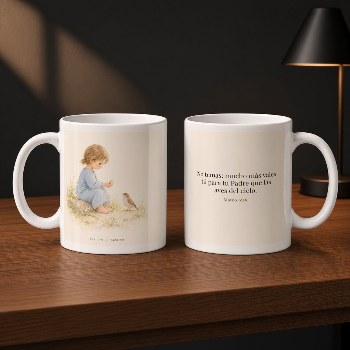 Mucho más valéis vosotros que las aves | Taza cristiana para regalar | Mateo 6:26 — 11oz · Estudio carbón, arte y frase devocional en dos tazas