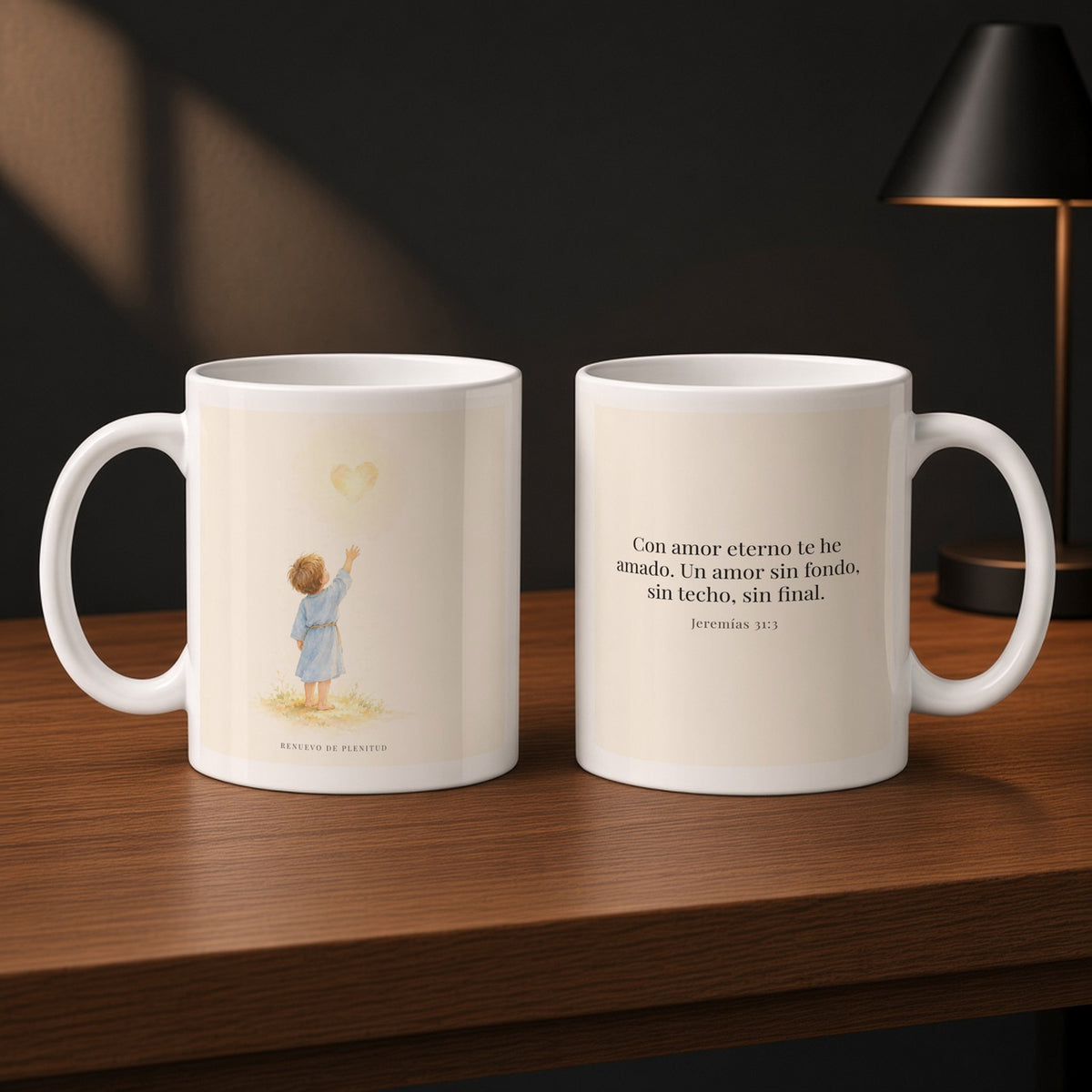 Con amor eterno te he amado | Taza de inspiración bíblica | Jeremías 31:3 — 11oz · Estudio carbón, arte y frase devocional en dos tazas