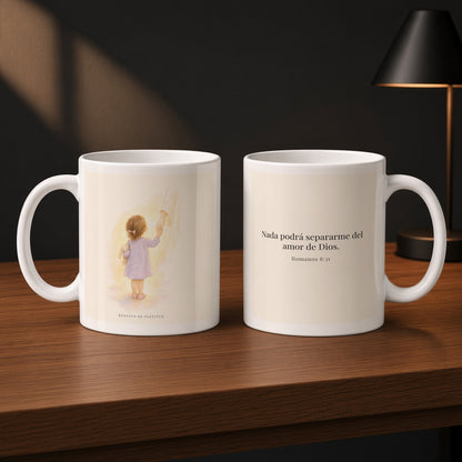 Nada podrá separarme del amor de Dios | Taza cristiana con frase devocional | Romanos 8:31 — 11oz · Estudio carbón, arte y frase devocional en dos tazas