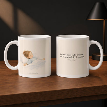 En Dios mi corazón descansa | Taza cristiana para regalar | Mateo 6:33 — 11oz · Estudio carbón, arte y frase devocional en dos tazas