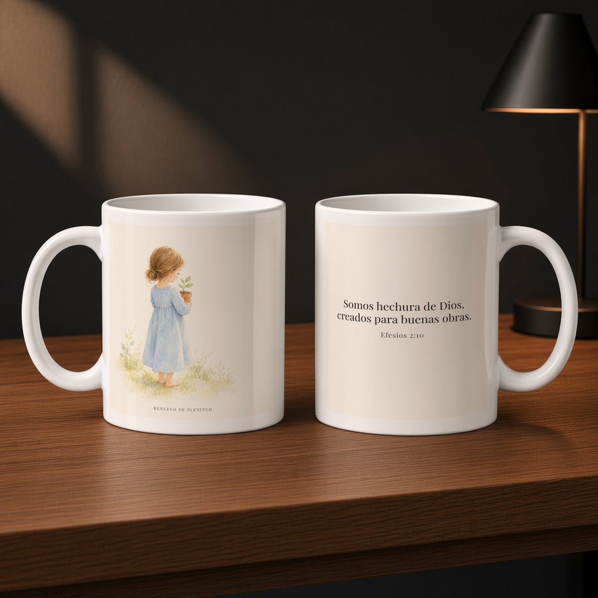 Somos hechura de Dios para buenas obras | Taza de inspiración bíblica | Efesios 2:10 — 11oz · Estudio carbón, arte y frase devocional en dos tazas