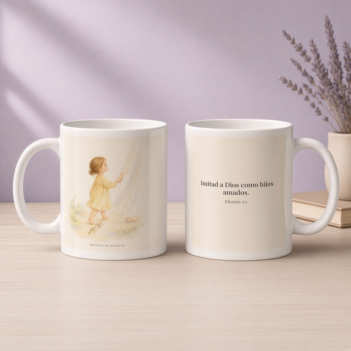 Imitad a Dios como hijos amados | Taza bíblica de cerámica | Efesios 5:1 — 11oz · Devocional lavanda, arte y frase devocional en dos tazas